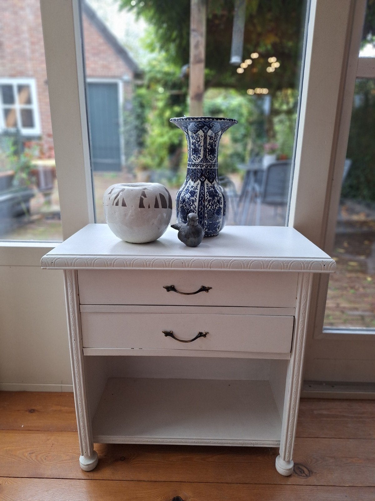Klein vintage kastje 2 lades, nachtkastje, bijzettafeltje, Gebruikt, Vintage, Ophalen of Verzenden, Minder dan 150 cm