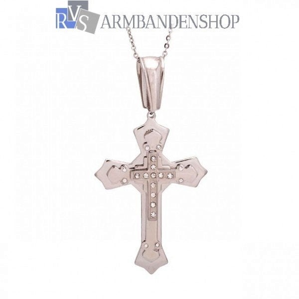 Rvs zilver kruishanger kruisje kruis met " diamantjes ", Overige materialen, Verzenden, Nieuw, Kruis of Symbool