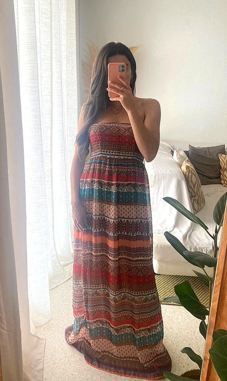Bershka Boho Strapless Maxi Jurk - Paisley Print Maat M, Maat 38/40 (M), Meerkleurig, Zo goed als nieuw, Onder de knie