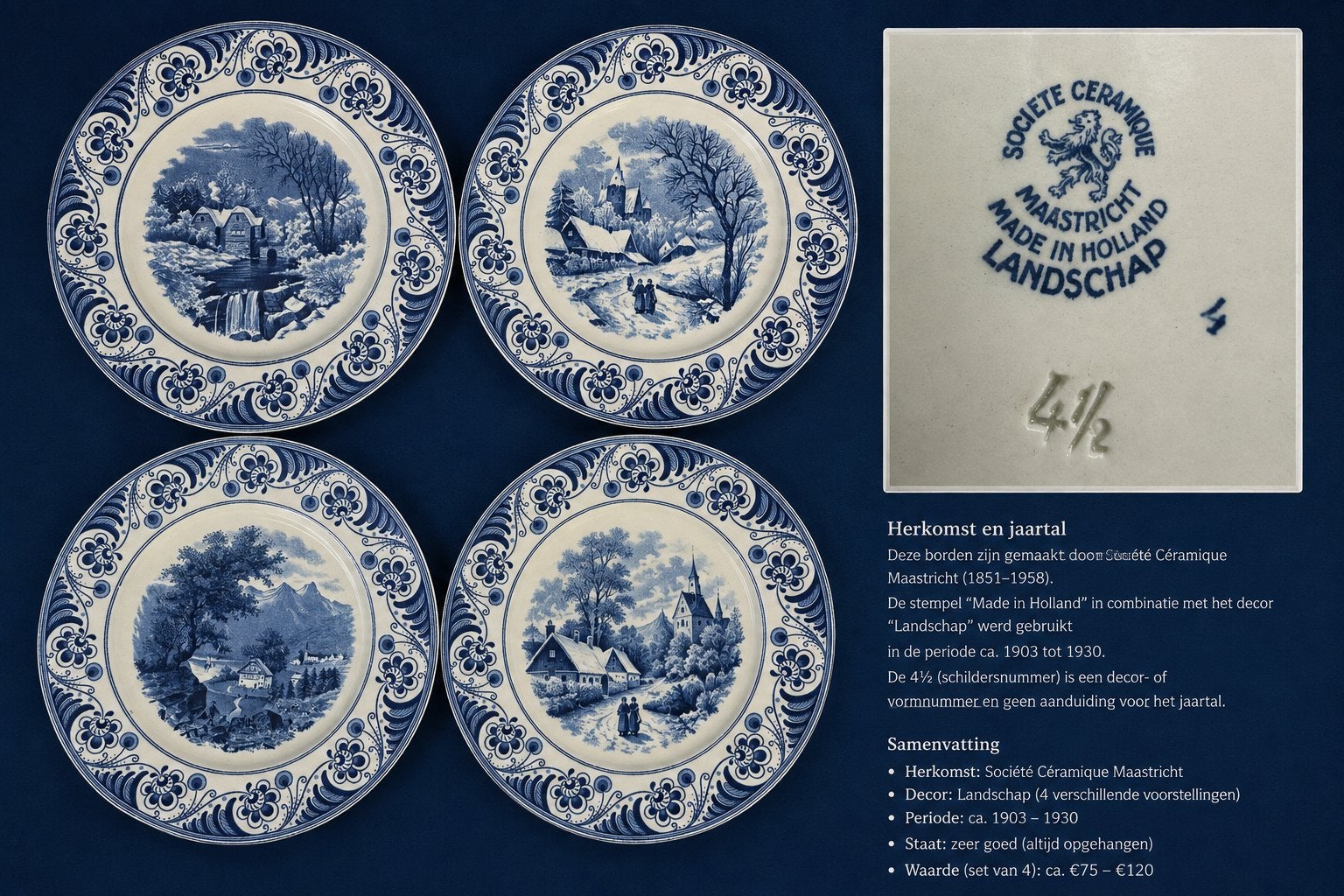 Set van 4 antieke Societe Ceramique Maastricht borden, Ophalen of Verzenden