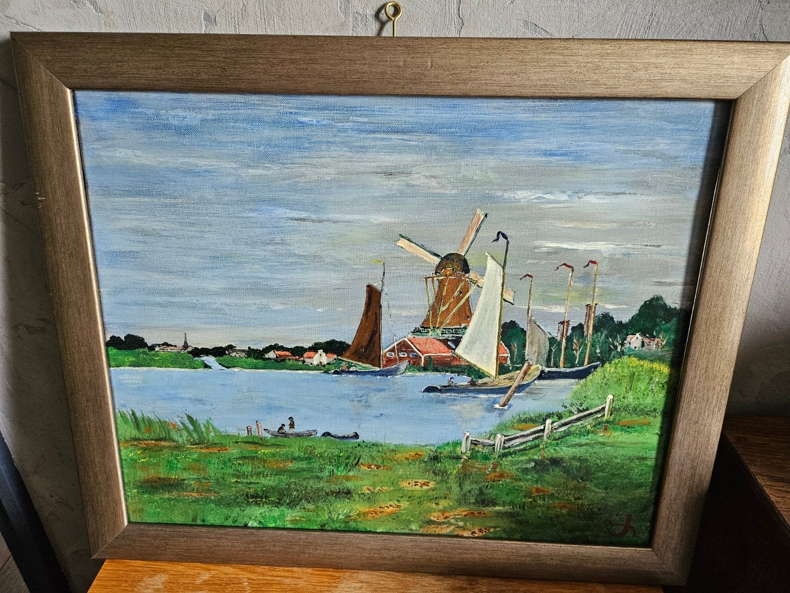 Handgeschilderd Hollands Landschap met Molen en Boten, Antiek en Kunst, Kunst | Schilderijen | Klassiek, Doek, Realistisch, Ophalen of Verzenden