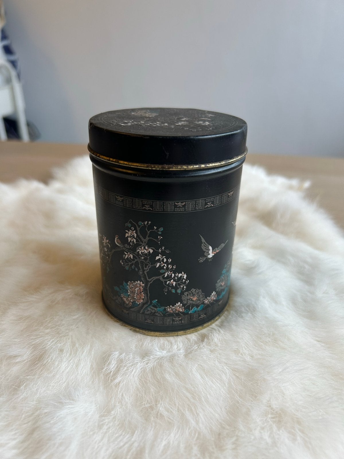 Vintage Zwart Theeblik met Oosterse Print, Ophalen of Verzenden