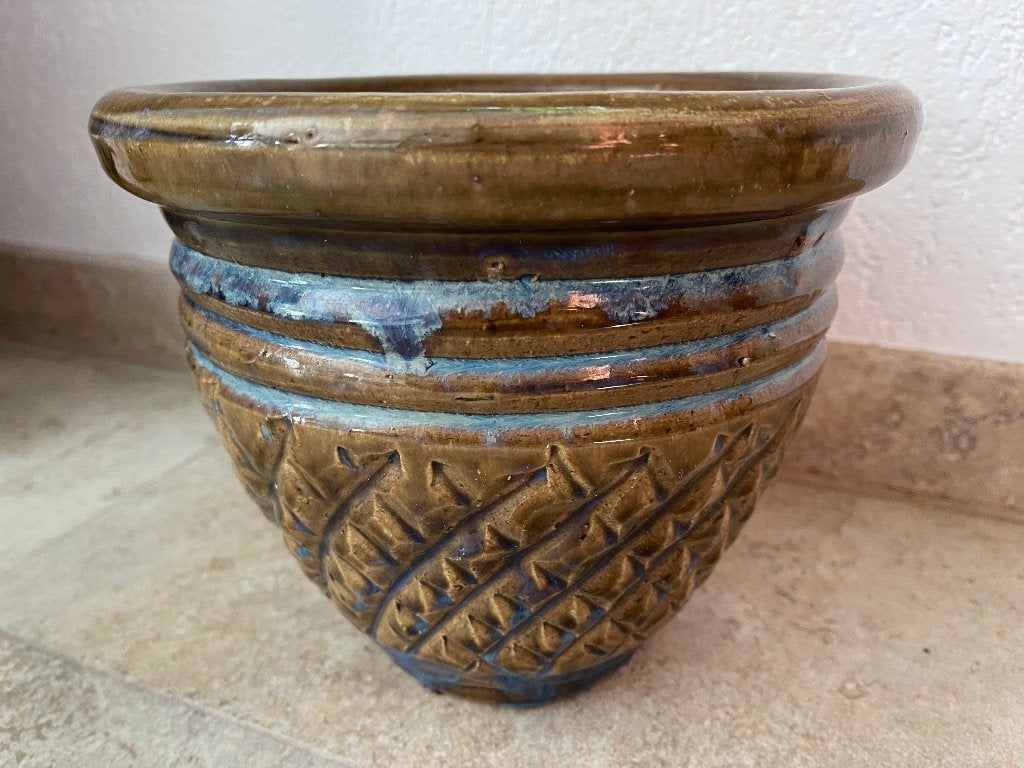 Bloempot 'Blauw/Bruin met Reliëf' als Nieuw, Ophalen of Verzenden, Huis en Inrichting