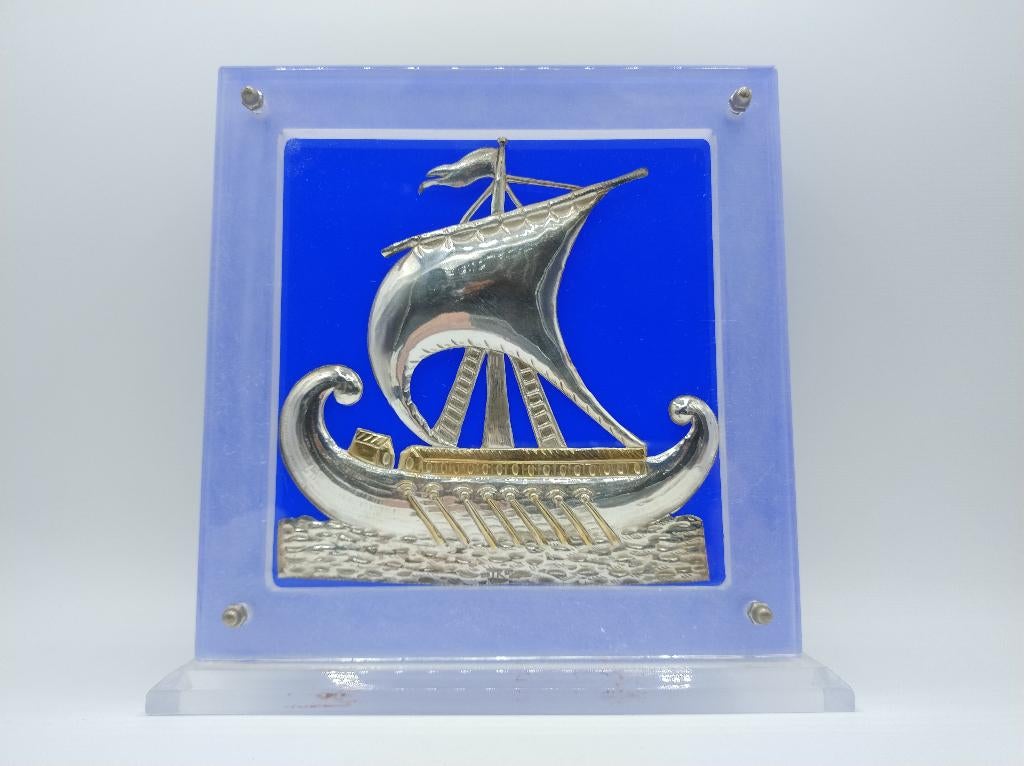 Zilveren vikingschip in display, 925, Antiek en Kunst, Verzenden, Zilver