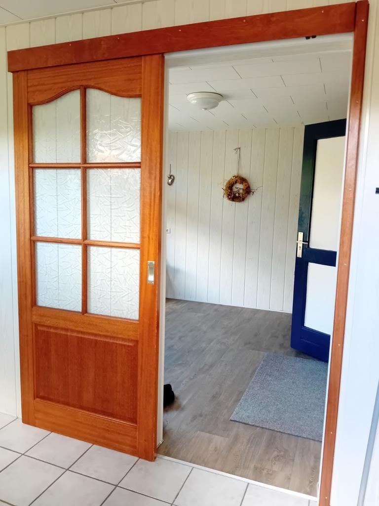Houten schuifdeur met glaspanelen, Gebruikt, 80 tot 100 cm, Binnendeur, Ophalen of Verzenden