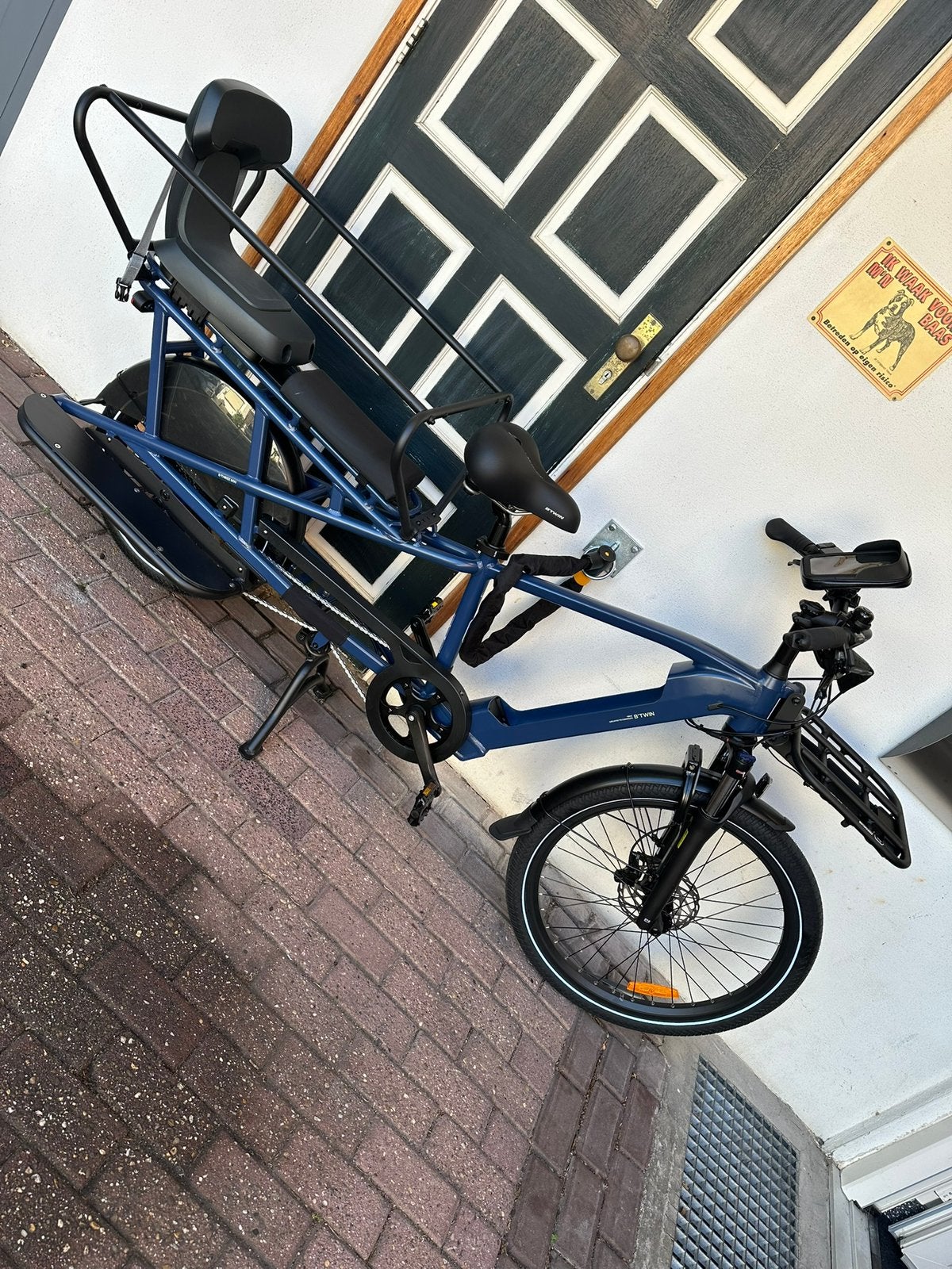Btwin elektrische bakfiets E-three 500 donkerblauw, Nieuw, 51 tot 55 cm, 50 km per accu of meer, Ophalen