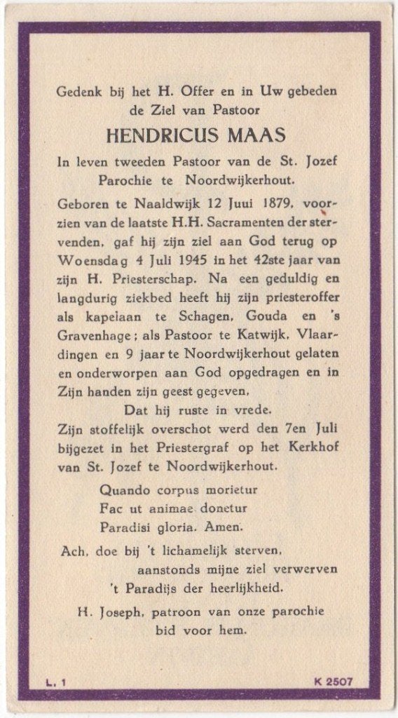 pastoor Hendricus Maas 1879 Naaldwijk + 1945 Noordwijkerhout, Verzamelen, Bidprentjes en Rouwkaarten, Verzenden