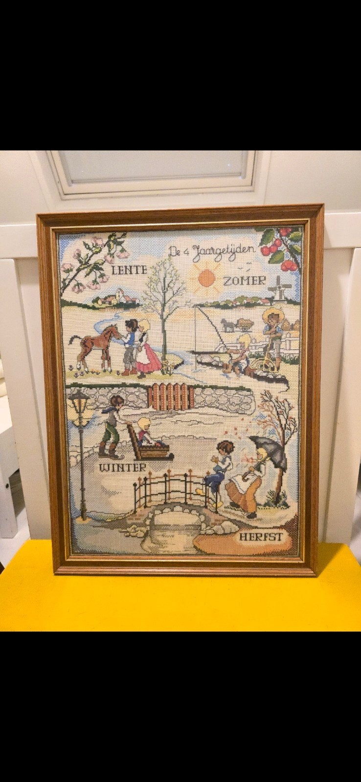 Geborduurd schilderij "De vier jaargetijden", Hobby en Vrije tijd, Ophalen of Verzenden, Overige typen