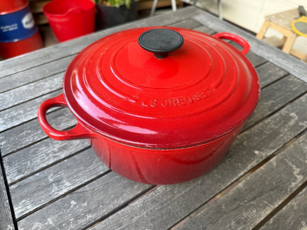 Le Creuset Braadpan Rond 24 cm BARST, Gebruikt, Le Creuset, Ophalen of Verzenden, Braadpan