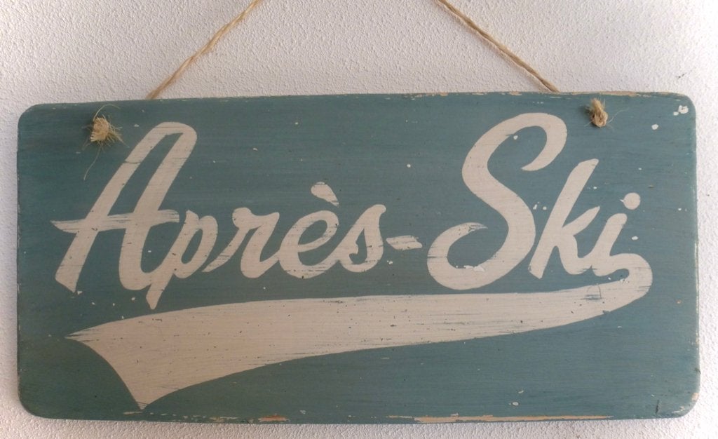 Handgeschilderd houten Après Ski bord / wintersport / party, Hout, Vintage, 37 cm, Ophalen of Verzenden