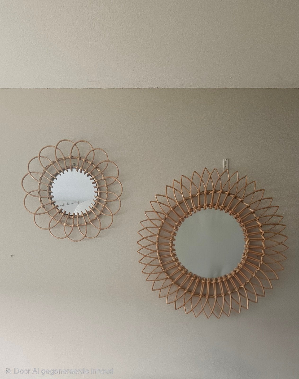 Set van 2 rotan spiegels, zon design, Ophalen of Verzenden, Zo goed als nieuw, Rond, 50 tot 75 cm