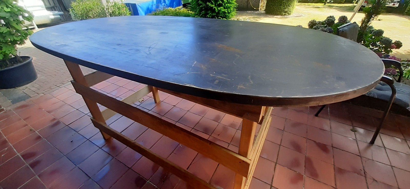 Houten statafel met ovaal blad, Tuin en Terras, Ophalen, Gebruikt, Ovaal, Hout