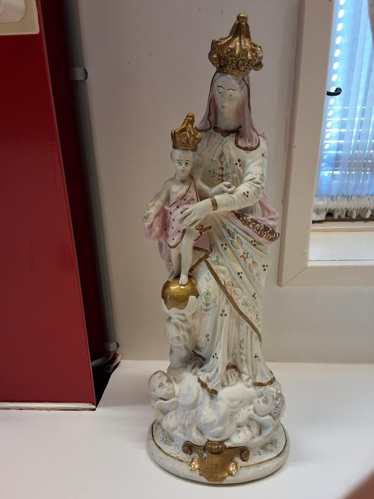 Gekroonde Madonna met Kind en Engelen, Gips, Antiek en Kunst, Antiek | Religie, Ophalen of Verzenden