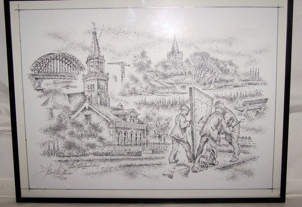 Stadsgezicht Alblasserdam met bouwvakkers en architectuur., 31 cm, Stadsgezicht, Ophalen of Verzenden, 41 cm