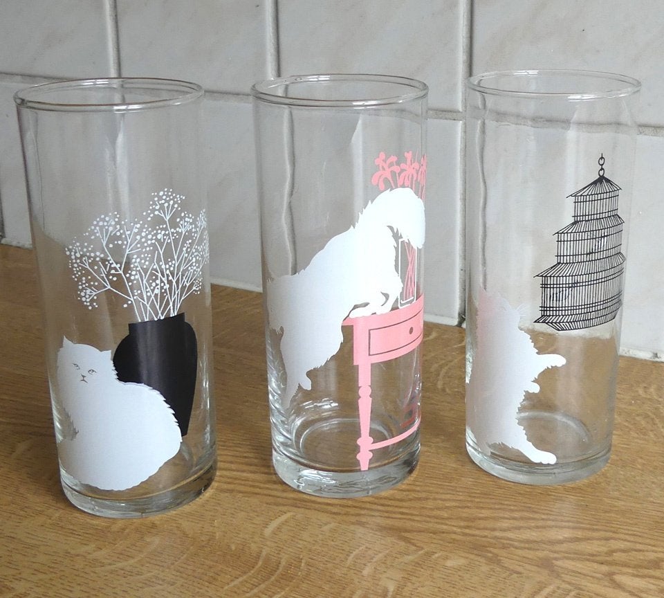 Kattenglazen vintage longdrink glazen poes kat glas, Huis en Inrichting, Keuken | Servies, Glas of Glazen, Vintage, Ophalen of Verzenden