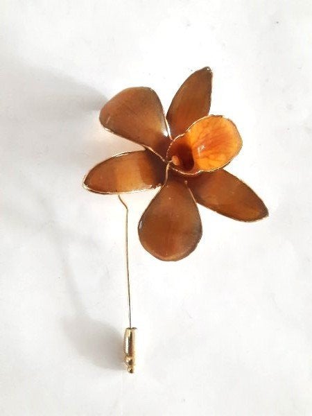 Schitterende vintage vergulde Orchidee broche - echte bloem!, Ophalen, Nieuw, Goud, Overige materialen