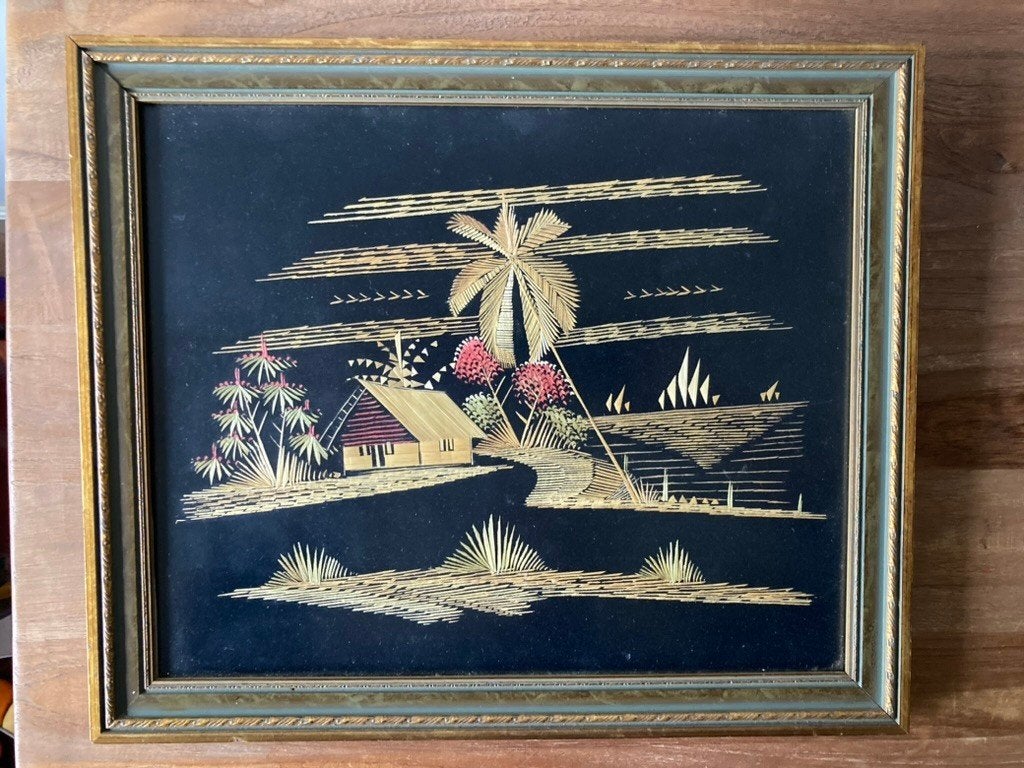 Schilderij met stro wanddecoratie stro-inlegkunst Volkskunst, Overige ondergronden, Origineel werk, Ophalen of Verzenden, Landschap