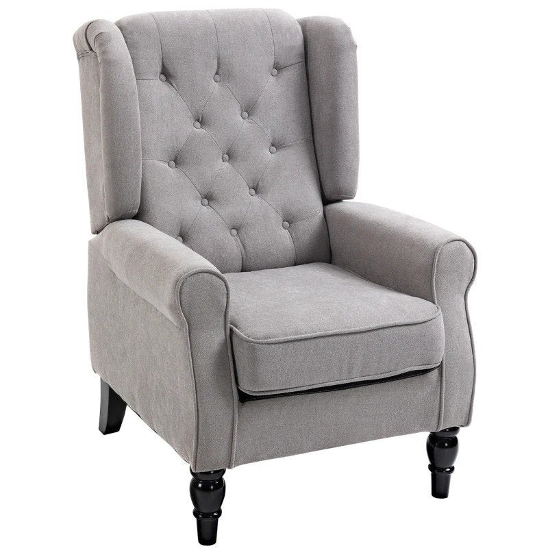 Grijze oorfauteuil met knoopcapitonnering en gedraaide poten, Ophalen, Minder dan 75 cm, Stof, 50 tot 75 cm