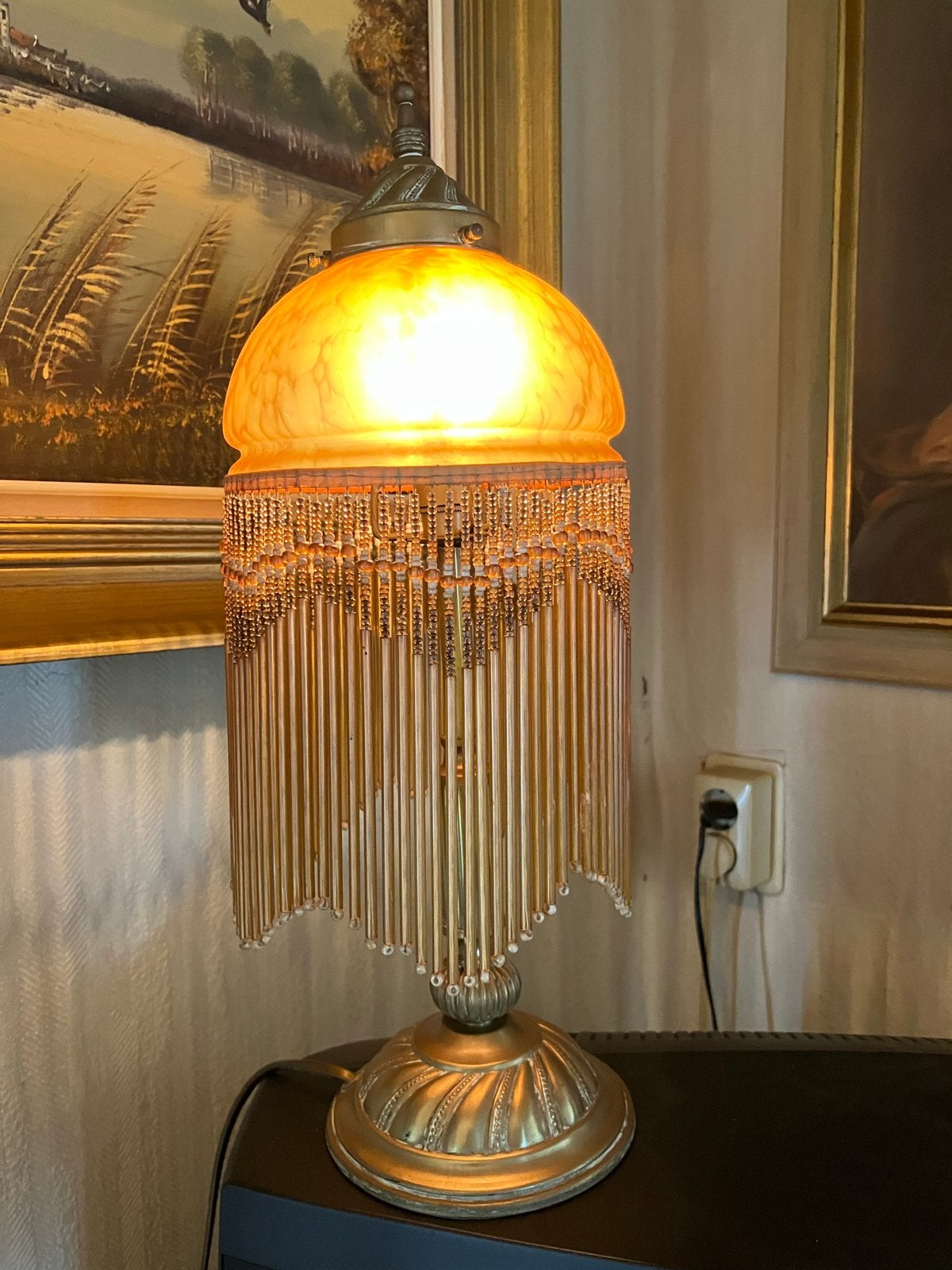 Vintage Tafellamp met Franje en Amberkleurige Kap, Ophalen