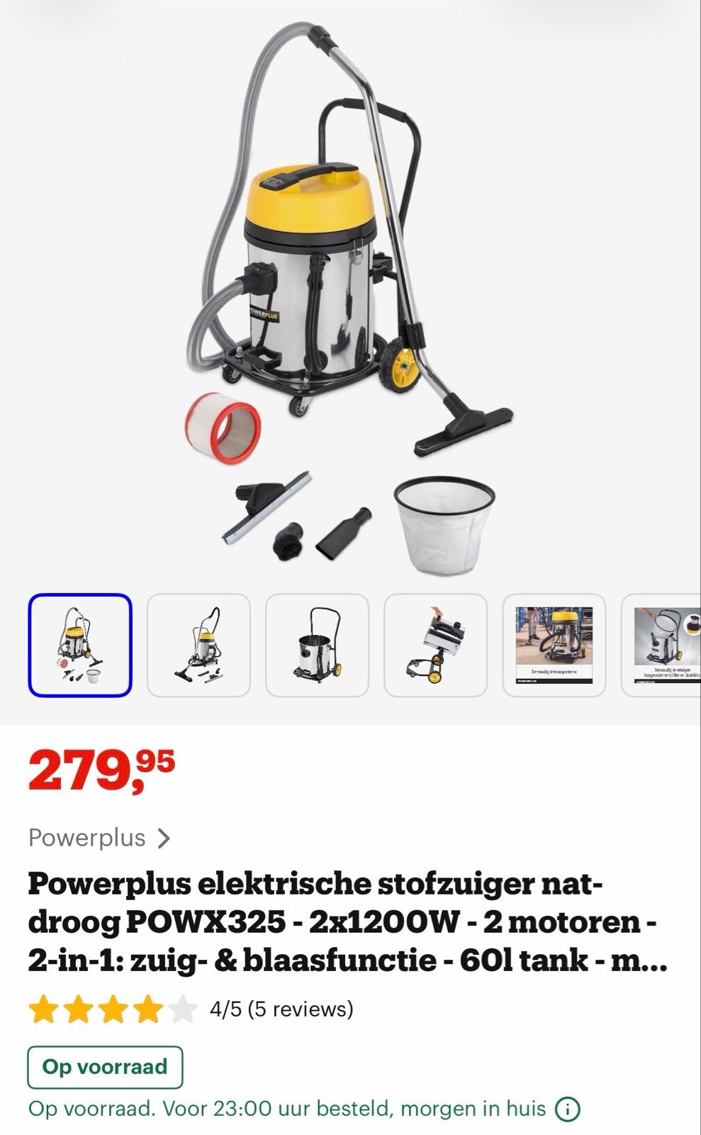 Powerplus Industriële bouwstofzuiger POWX325 - 2x1200W, Gebruikt, Ophalen of Verzenden, Industriële stofzuiger, 2000 watt of meer