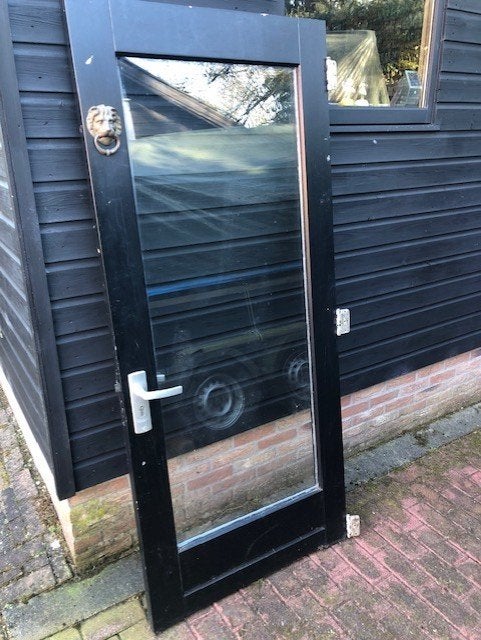 Hardhouten buitendeur met dubbelgas en Leeuwenkop deurkloppe, Ophalen, Gebruikt, 80 tot 100 cm, Minder dan 200 cm