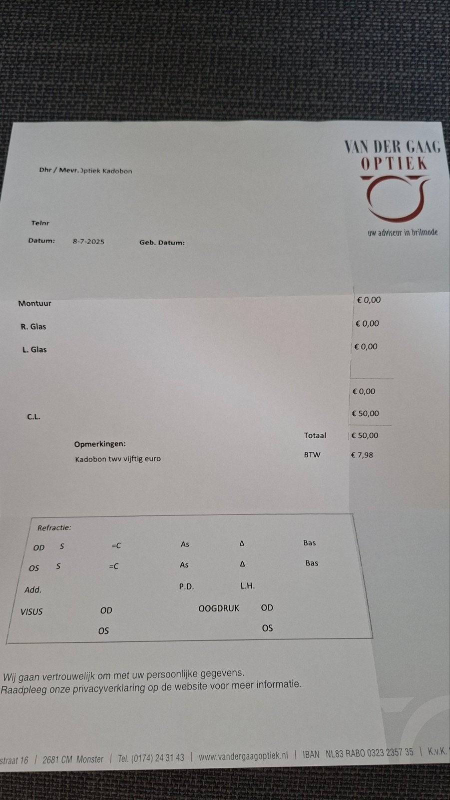 Cadeaubon €50 - Van der Gaag optiek Monster - (zonne)bril, Eén persoon, Cadeaubon, Warenhuis- of Winkelbon