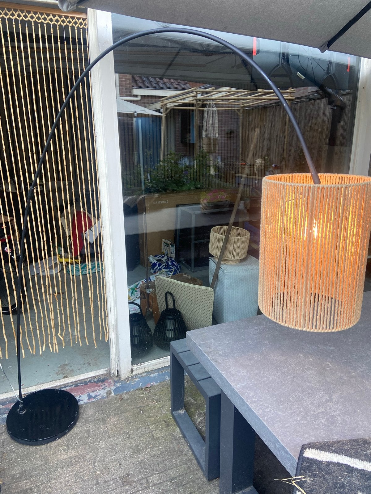 Booglamp met touwlampenkap - Sfeervolle vloerlamp, Huis en Inrichting, Ophalen, Gebruikt, Bohemian, E27 (groot)