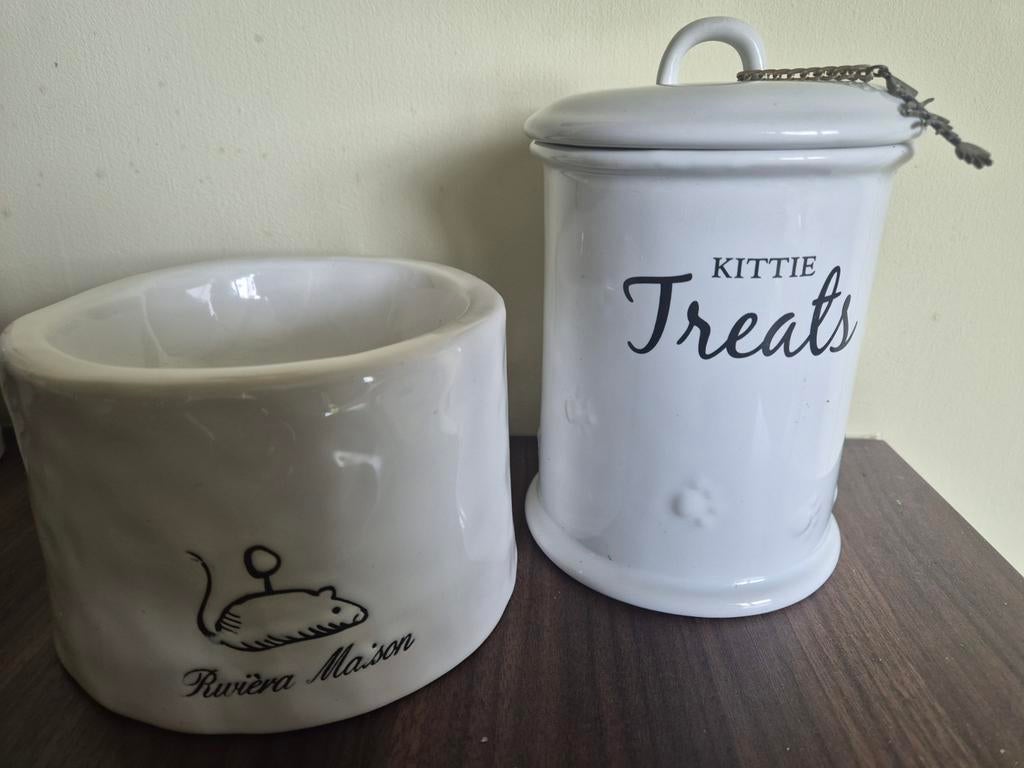 Rivièra Maison Katten Set: Voerbak & Snoeppot - WIT -, Ophalen of Verzenden, Nieuw