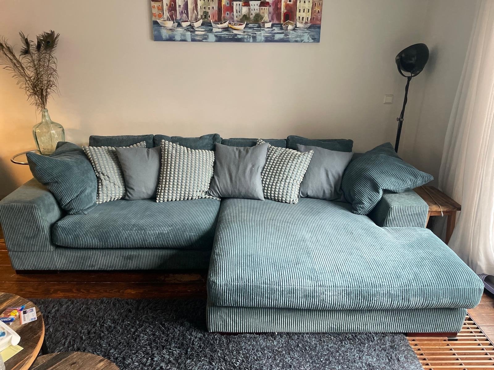 Loods 5 relaxbank blauw ribstof, Ophalen, 250 tot 300 cm, Gebruikt, 100 tot 125 cm