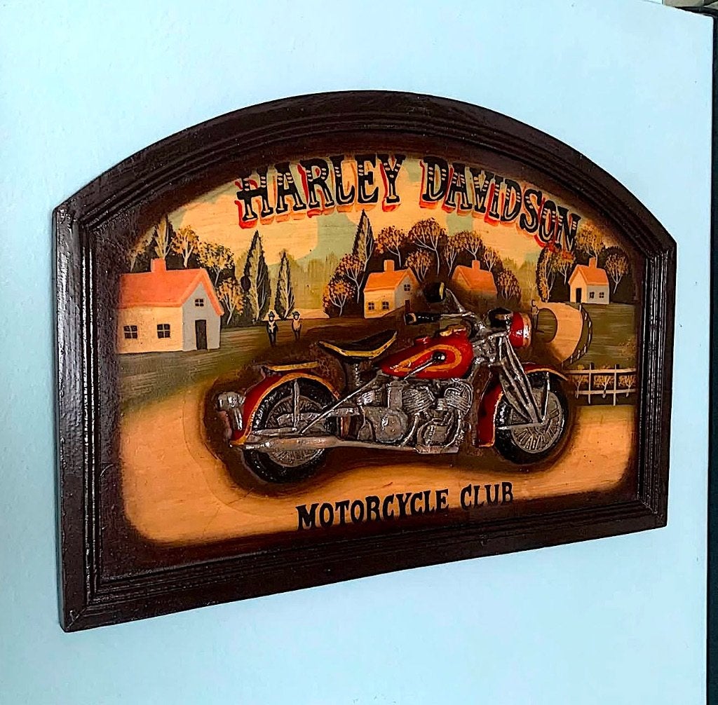 Te koop mancave mooie houten 3 D Harley Davidson bord, Verzamelen, Ophalen of Verzenden, Zo goed als nieuw, Reclamebord