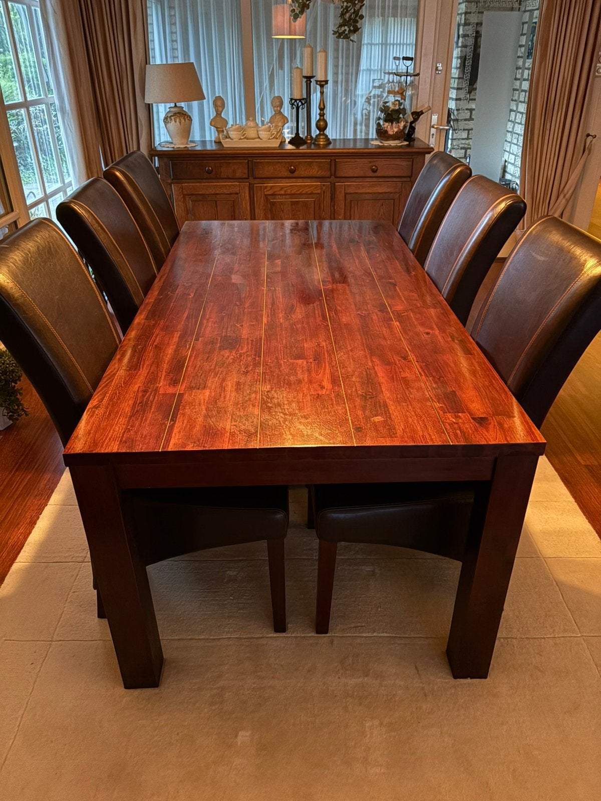 Teakhouten eettafel met 6 stijlvolle stoelen, Ophalen, Koloniaal, Teakhout, 200 cm of meer