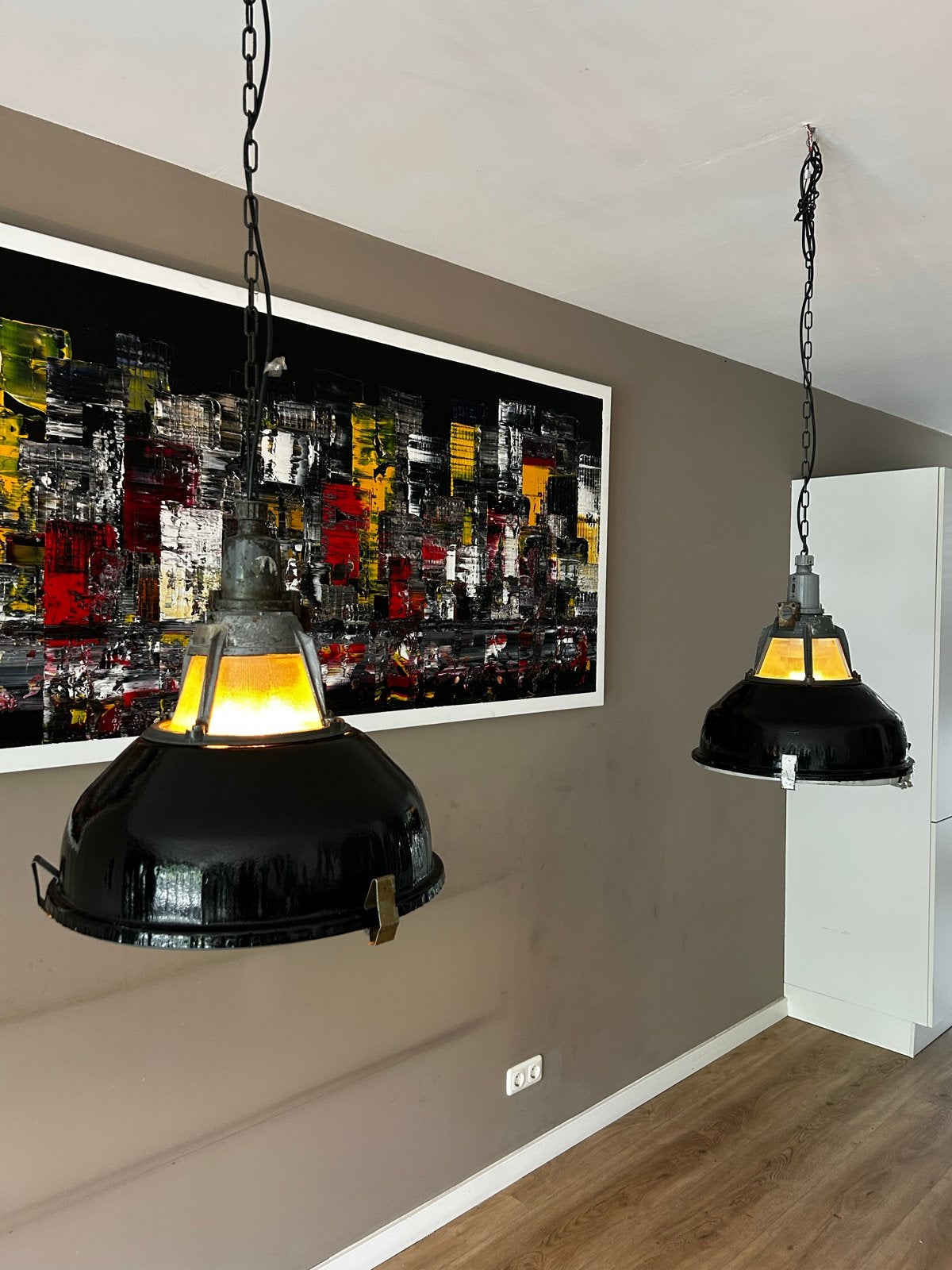 Set van 2 dimbare zwarte industriële hanglampen E27, Ophalen, Gebruikt, Metaal, E27 (groot)