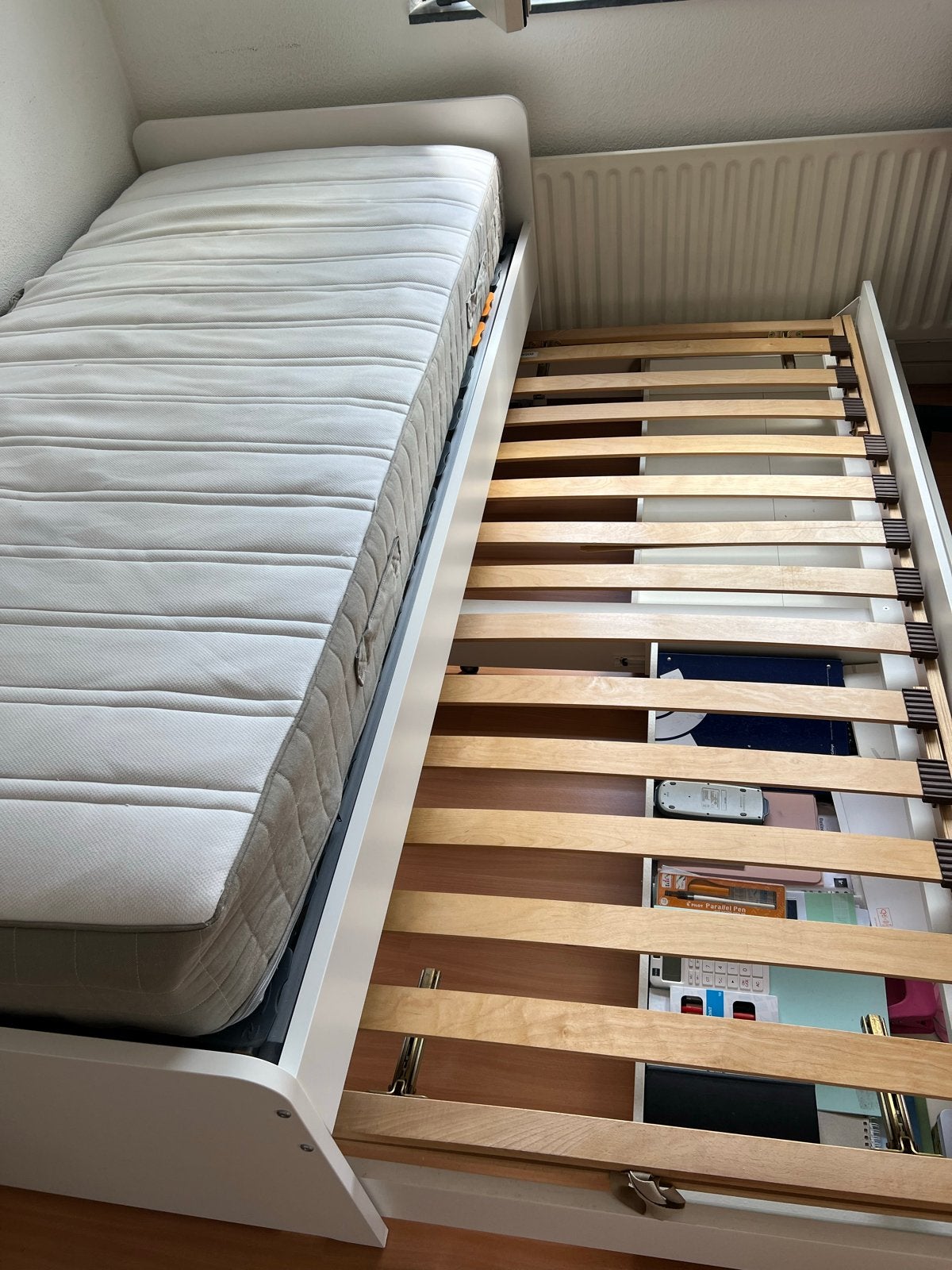 Eenpersoonsbed met opbergruimte en lattenbodem, Ophalen, Gebruikt, 90 cm, Eenpersoons