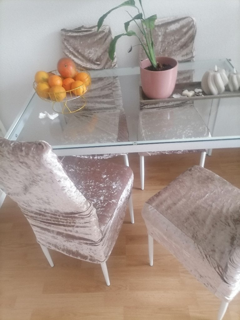 Eethoek met glazen tafel en vier stoelen, Huis en Inrichting, Complete eetkamers, Ophalen, Gebruikt, 4 tot 6 stoelen