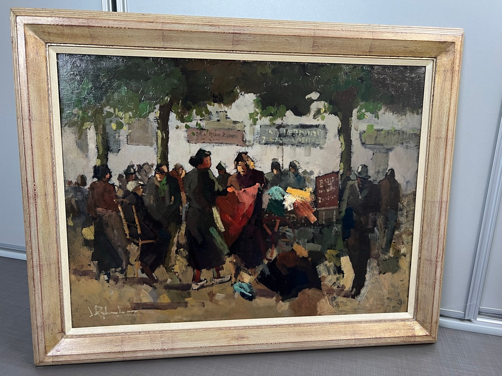 Prachtig Jan Rijlaarsdam Olieverf: Amsterdam Lapjesmarkt, Doek, Bijzondere lijst, Impressionistisch, Ophalen of Verzenden