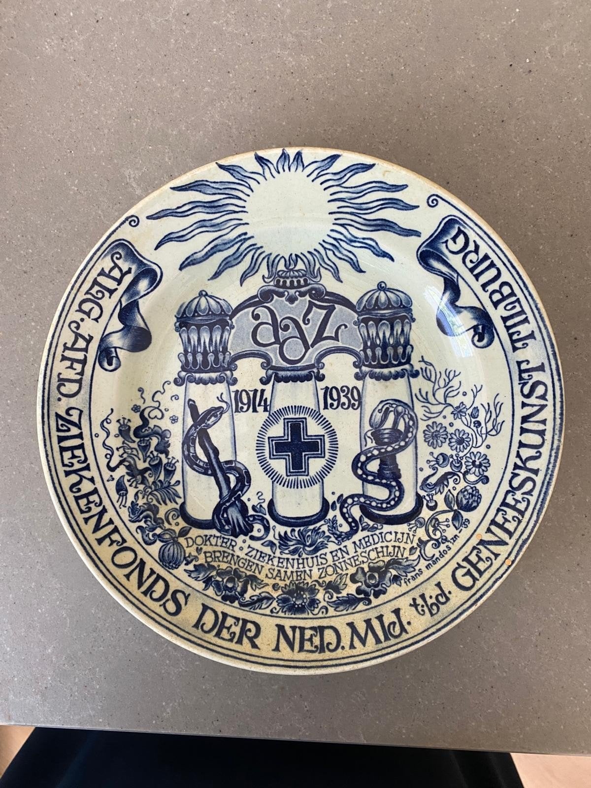 Delfts Blauw Gedenkbord AZG Tilburg 1914-1939 De Sphinx, Ophalen