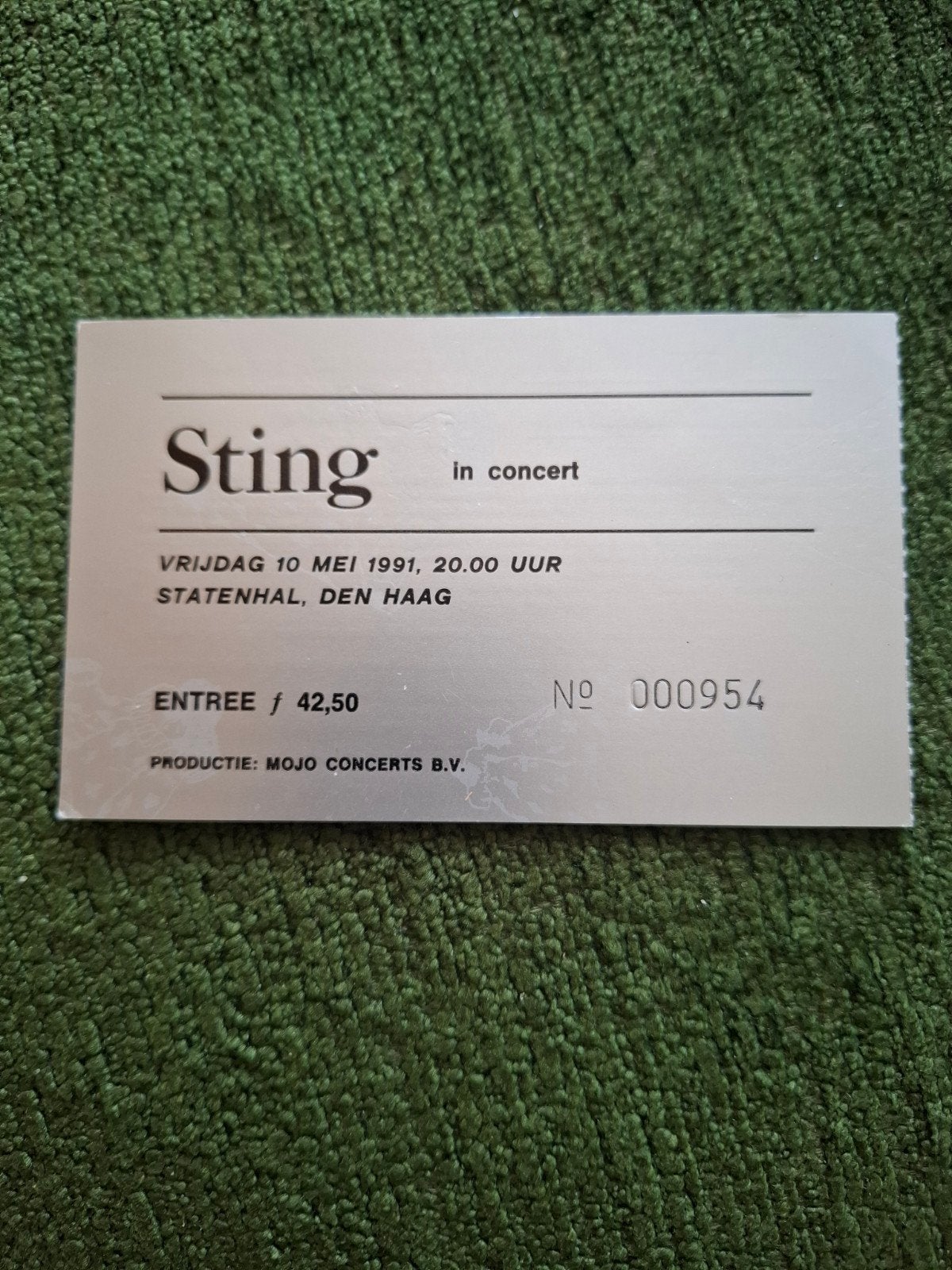 Originele entreekaart Sting Den Haag 1991, Verzamelen, Ophalen of Verzenden, Zo goed als nieuw, Foto of Kaart