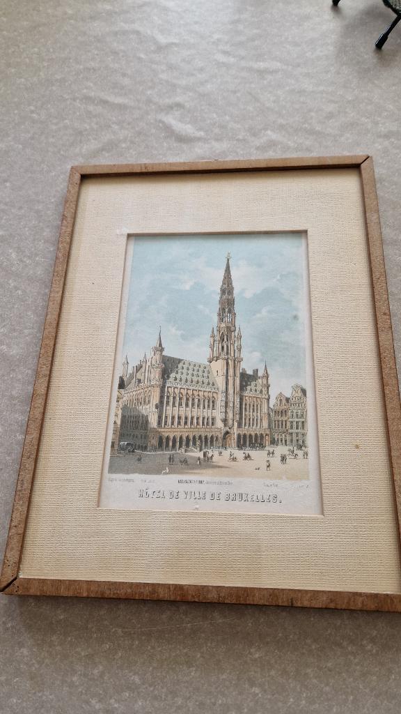 oude tekening ets print hotel de ville brussel, Ophalen of Verzenden