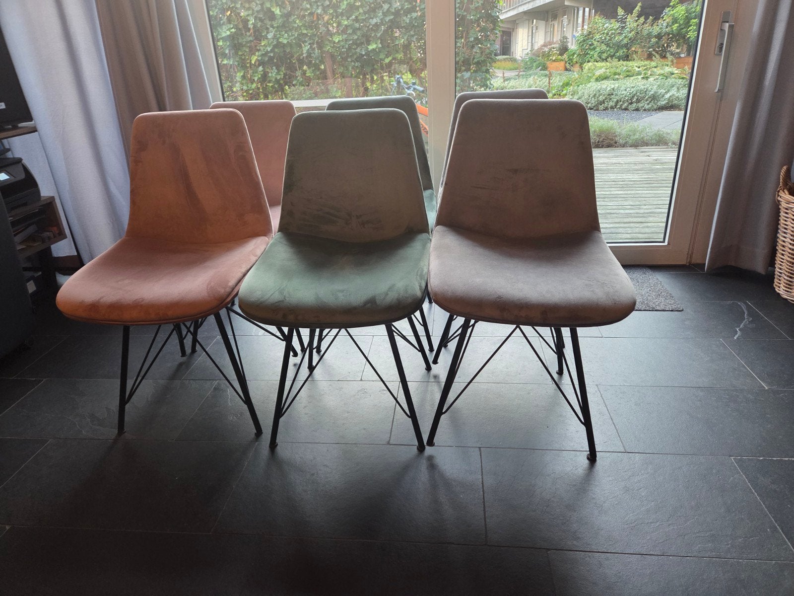 Set van 6 velvet eetkamerstoelen in diverse kleuren, Huis en Inrichting, Ophalen, Gebruikt, Overige kleuren, Metaal