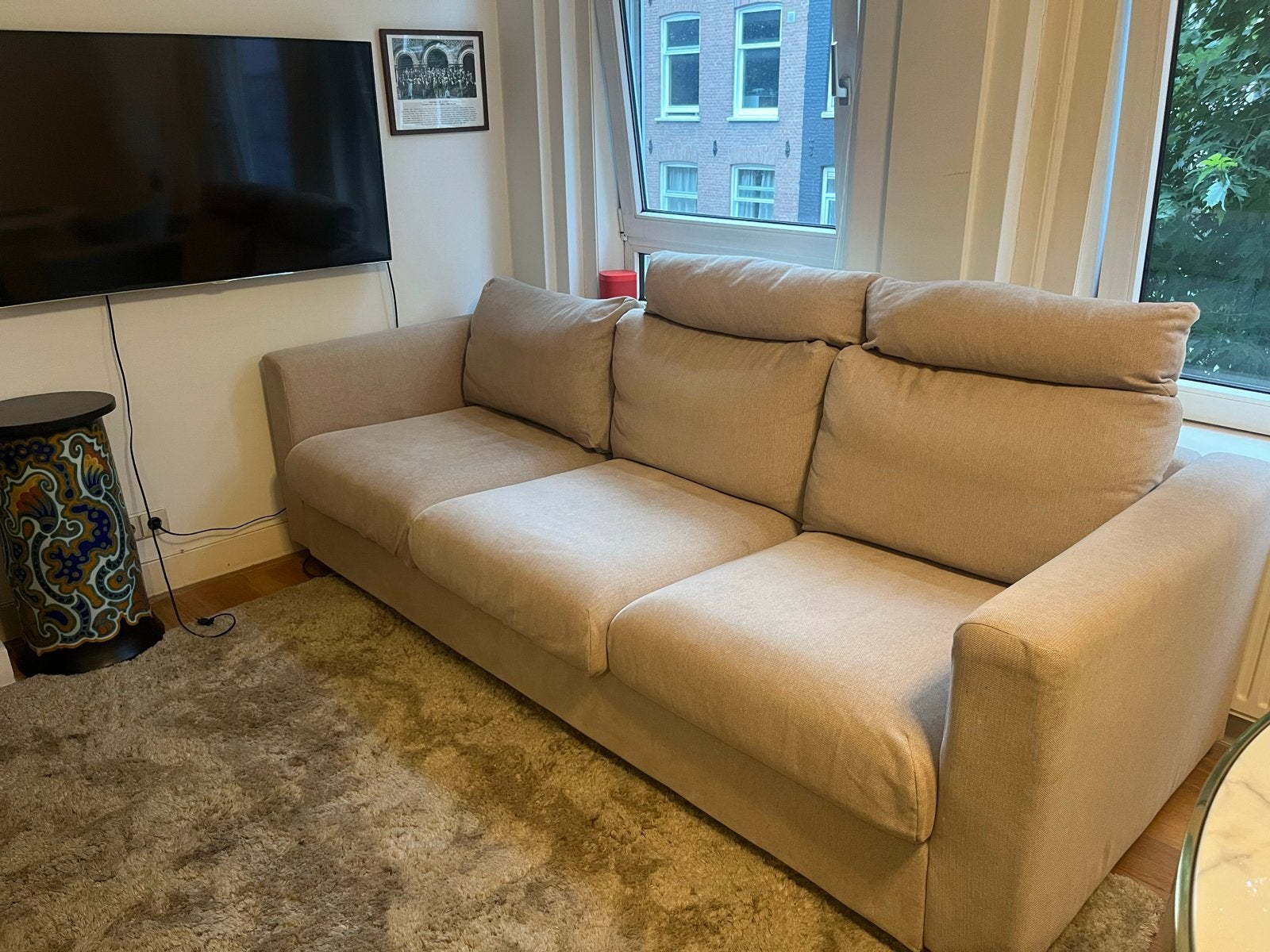 IKEA Vimle -  driezitsbank - beige - inclusief 2x nekkussen, Ophalen, Driepersoons, 75 tot 100 cm, Zo goed als nieuw