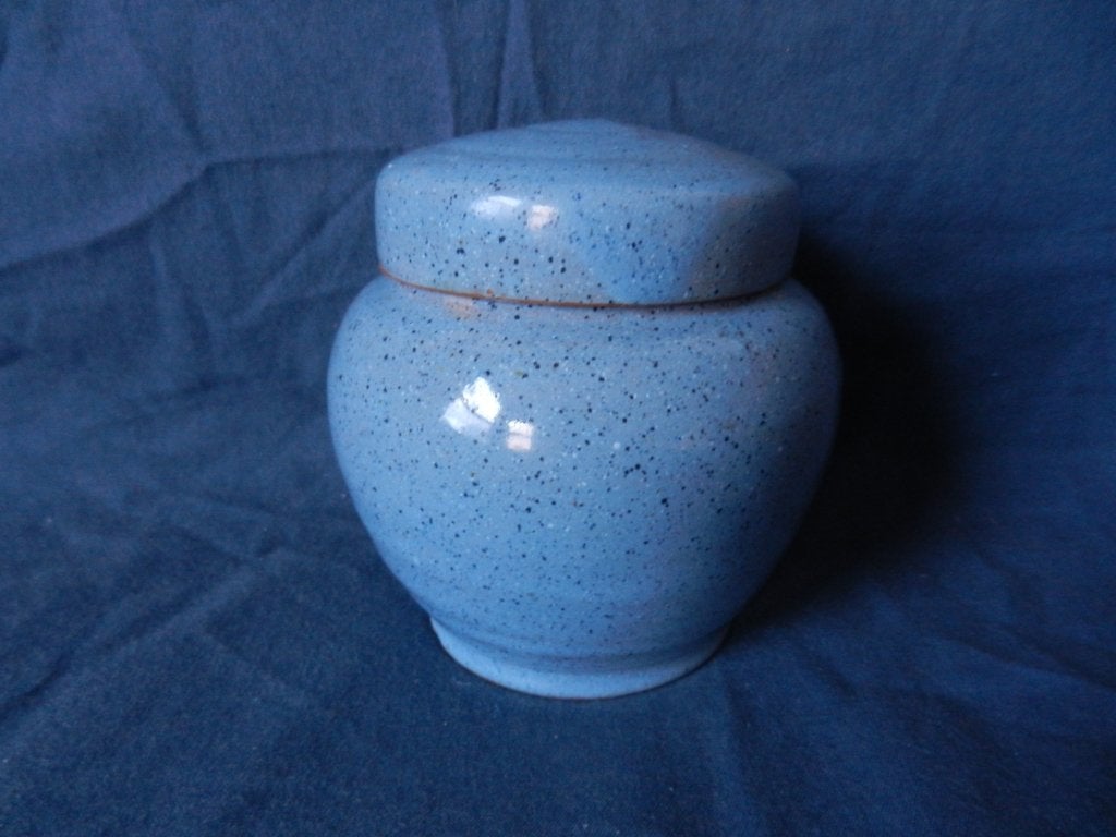 Leuk Brouwer blauw gespikkeld aardewerk dekselpot h 10,3 cm, Ophalen of Verzenden