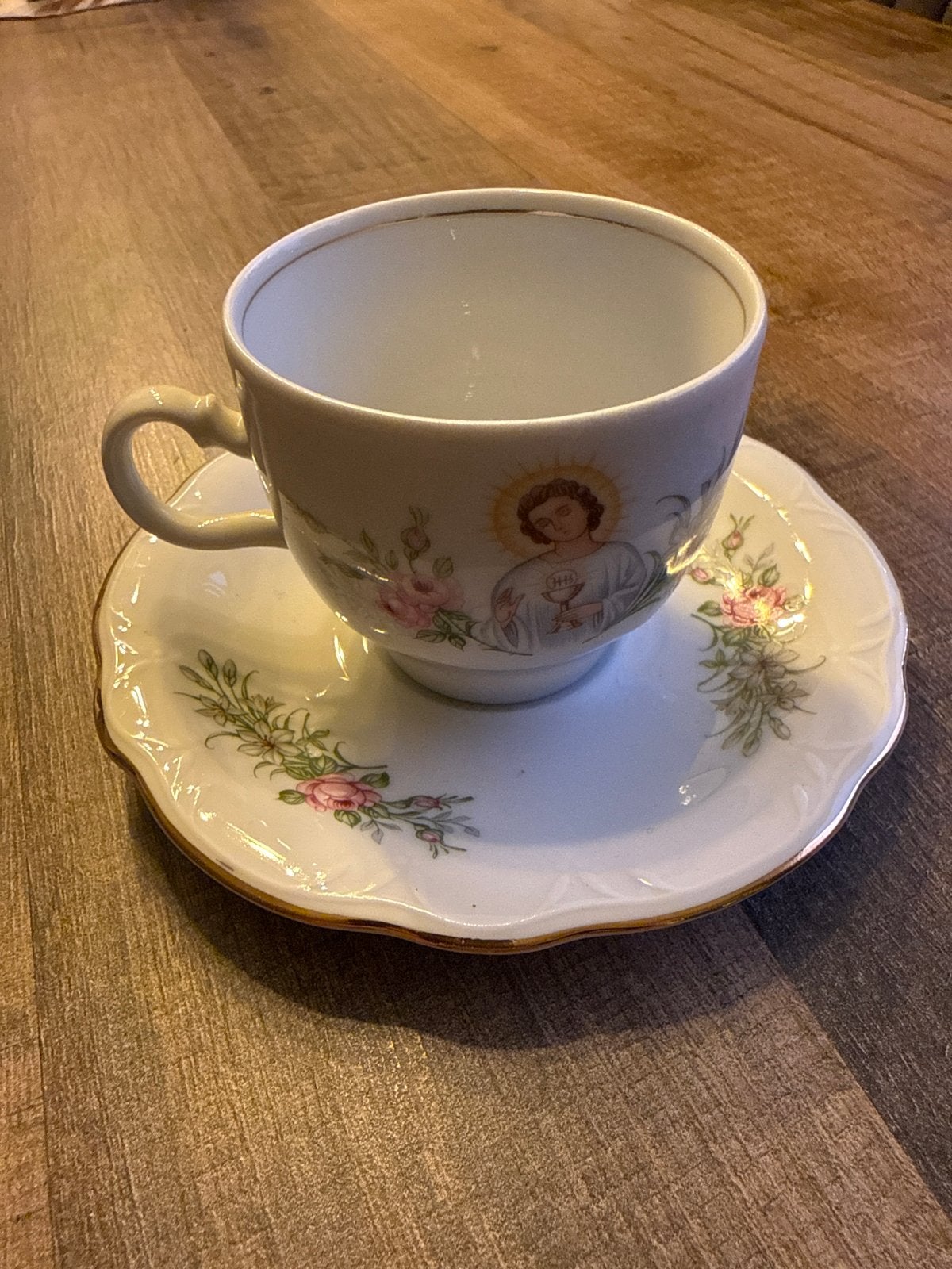 Vintage Kahla porseleinen kop en schotel met religieus motie, Ophalen of Verzenden