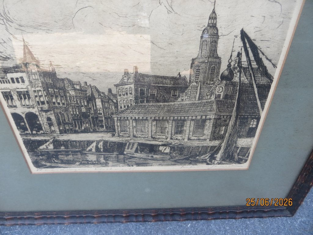 Vlaardingen,Mooie ets van de VISMARKT in mooie lijst, Antiek en Kunst, Kunst | Etsen en Gravures, Ophalen
