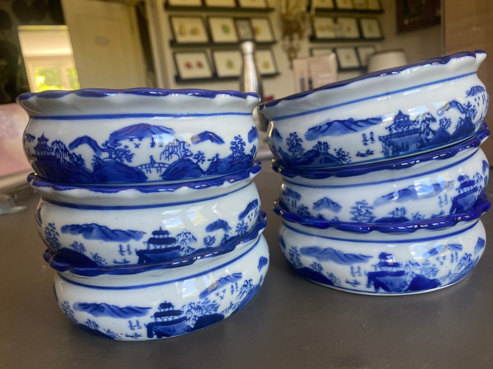 Set van 6 Delfts blauwe schaaltjes met chinees landschap, Antiek en Kunst, Ophalen of Verzenden