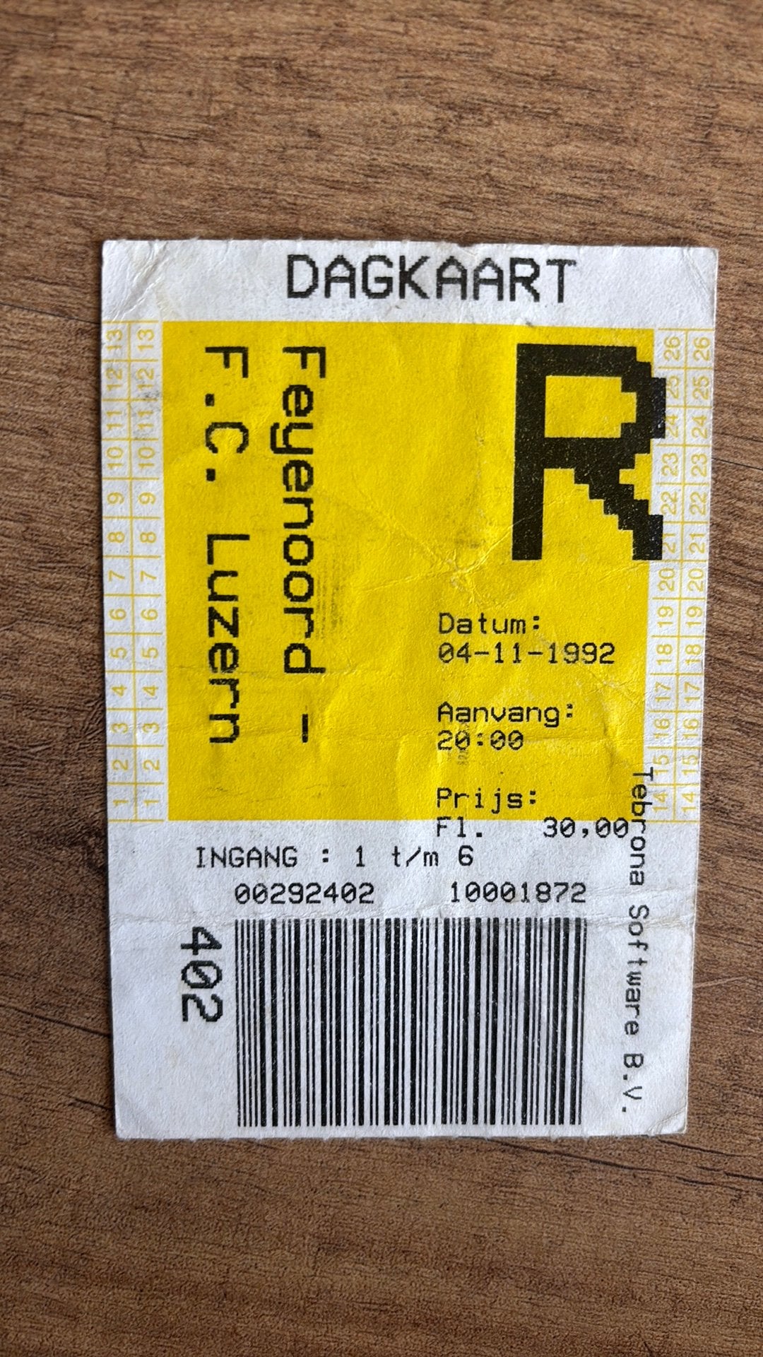 Oud stadionticket feyenoord luzern 1992, Ophalen of Verzenden, Zo goed als nieuw, Feyenoord