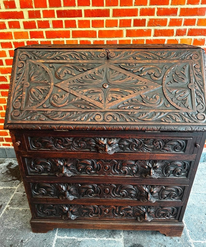 Antieke Klepsecretaire met Prachtig Houtsnijwerk, Ophalen