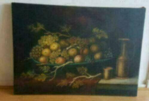 Olieverf fruitschaal herfst koperen kan Jan de Groot Scheen, Ophalen