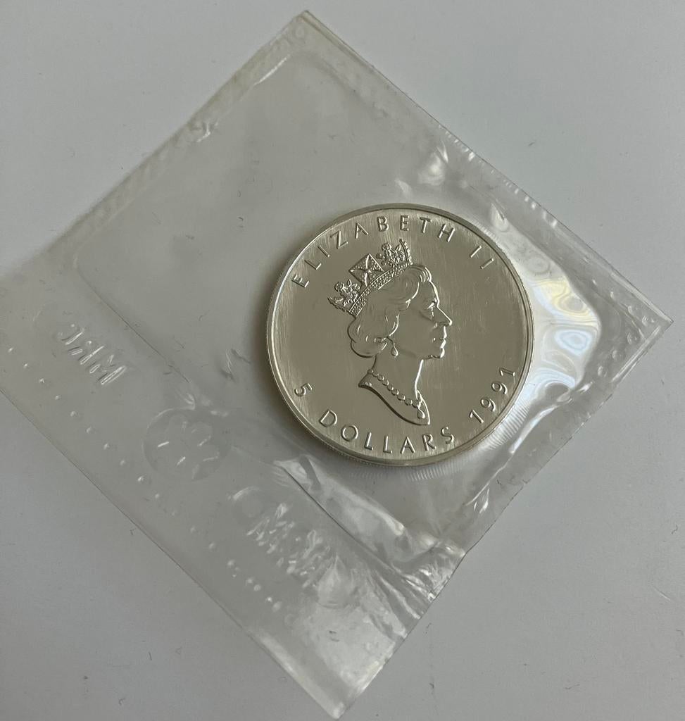 Zilveren munt Canada 9999 fine silver 1 oz 1991  31 gram, Zilver, Overige landen, Losse munt, Overige waardes
