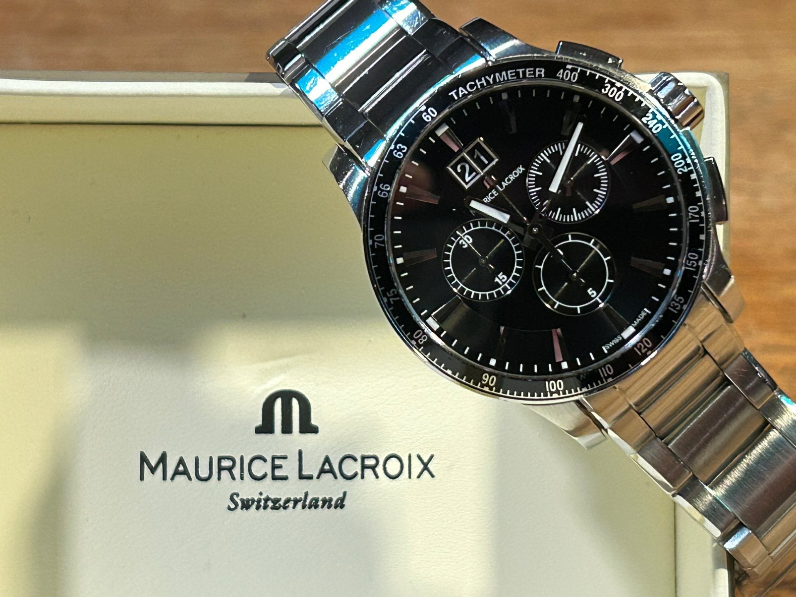 Maurice Lacroix Miros Chronograph MI1098 – Complete Set, Ophalen of Verzenden, Zo goed als nieuw, Staal, Overige merken