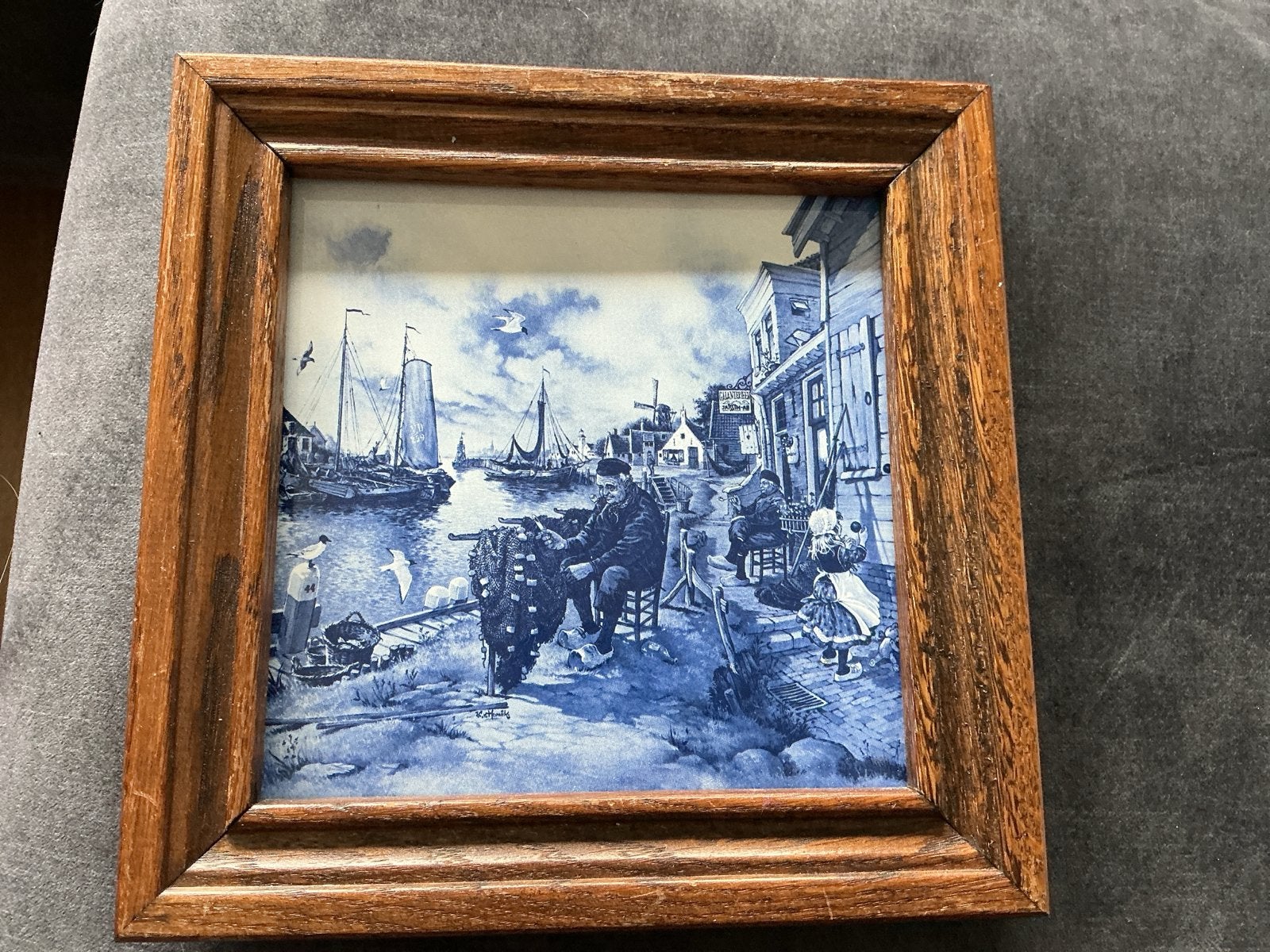 Delfts Blauw ingelijste tegel - Hollandse haven, Antiek en Kunst, Ophalen